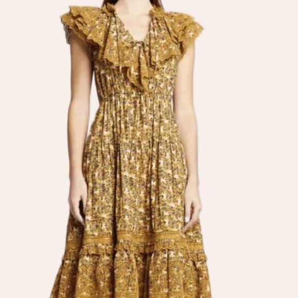 NWOT ULLA JOHNSON Yvette Ruffle Poplin Midi Dress in Dandelion XS $625 - Picture 3 of 10